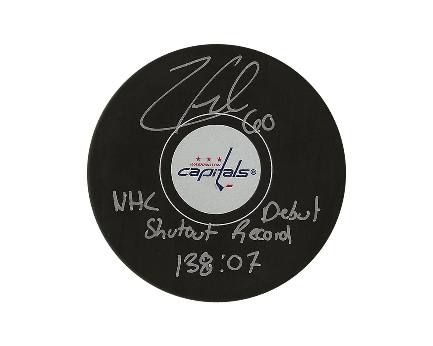 Zach Fucale Autographed Washington Capitals Autograph Model Puck Inscribed "NHL Debut Shutout Record 138:07"