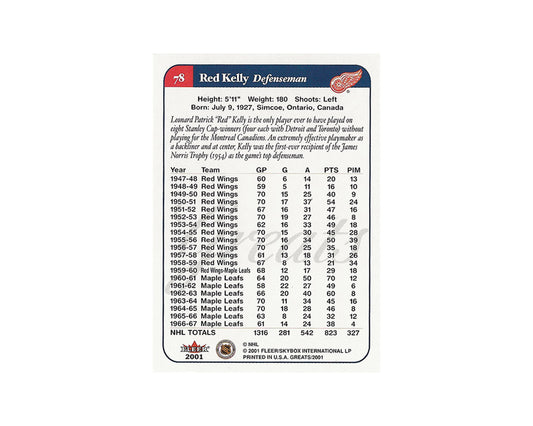 Red Kelly Autographed 2001 Fleer Greats of the Game #78 Hockey Card Inscribed "HOF-69"