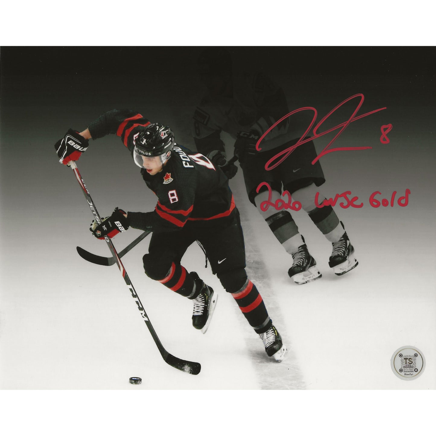 Liam Foudy Autographed Team Canada World Juniors Spotlight 8x10 Photo Inscribed "2020 WJC Gold"