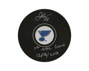 Jordan Kyrou Autographed St. Louis Blues Autograph Model Puck Inscribed "1st NHL Goal 12/9/2018"