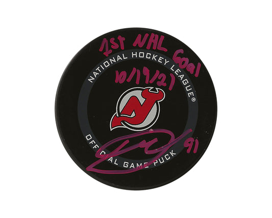 Dawson Mercer Autographed New Jersey Devils Official Game Puck Inscribed "1st NHL Goal 10/19/21"