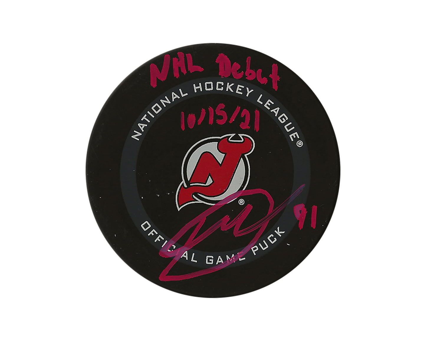 Dawson Mercer Autographed New Jersey Devils Official Game Puck Inscribed "NHL Debut 10/15/21"