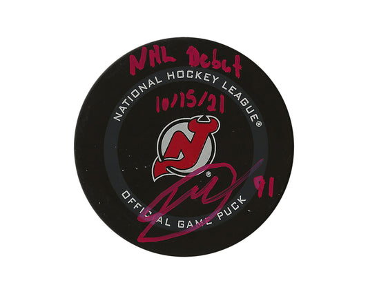 Dawson Mercer Autographed New Jersey Devils Official Game Puck Inscribed "NHL Debut 10/15/21"