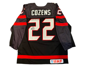 Dylan Cozens Autographed Team Canada Alternate Black Nike Jersey Inscr. "2020 WJC Gold"