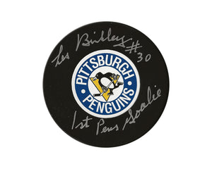 Les Binkley Autographed Pittsburgh Penguins Autograph Retro Model Puck Inscribed "1st Pens Goalie"