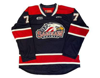Michael Misa Autographed Saginaw Spirit Home Blue CCM Replica Jersey