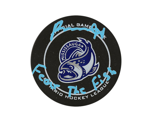 Porter Martone Autographed Mississauga Steelheads Official Game Puck Inscribed "Fear The Fish"