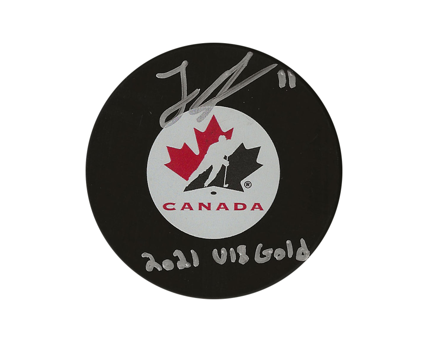 Logan Stankoven Autographed Team Canada Autograph Model Puck Inscribed "2021 U18 Gold"
