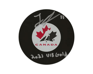 Logan Stankoven Autographed Team Canada Autograph Model Puck Inscribed "2021 U18 Gold"