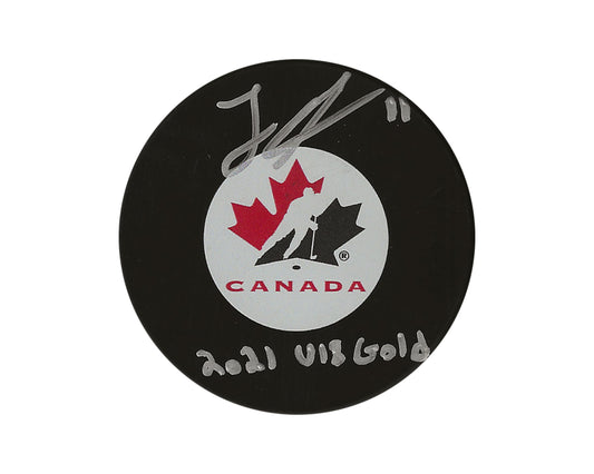Logan Stankoven Autographed Team Canada Autograph Model Puck Inscribed "2021 U18 Gold"