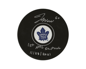 Joseph Woll Autographed Toronto Maple Leafs Autograph Model Puck Inscribed "1st NHL Shutout 11/23/2021"