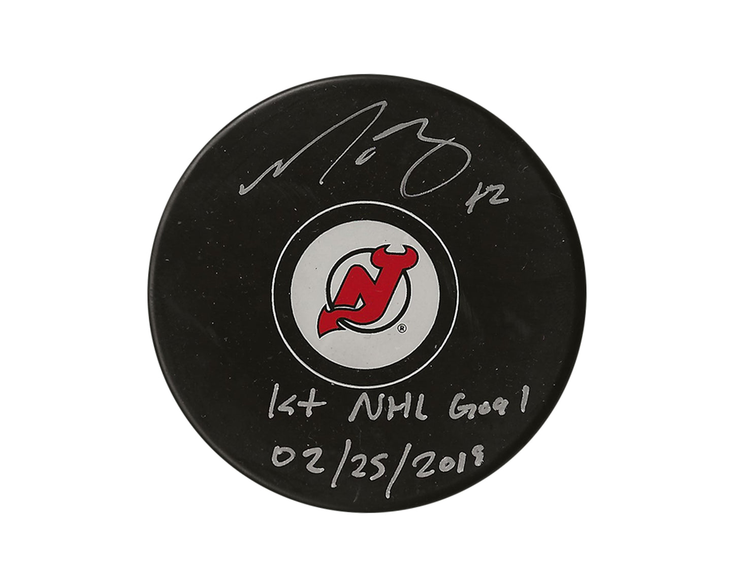 Nathan Bastian Autographed New Jersey Devils Autograph Model Puck Inscribed "1st NHL Goal 02/25/2019"