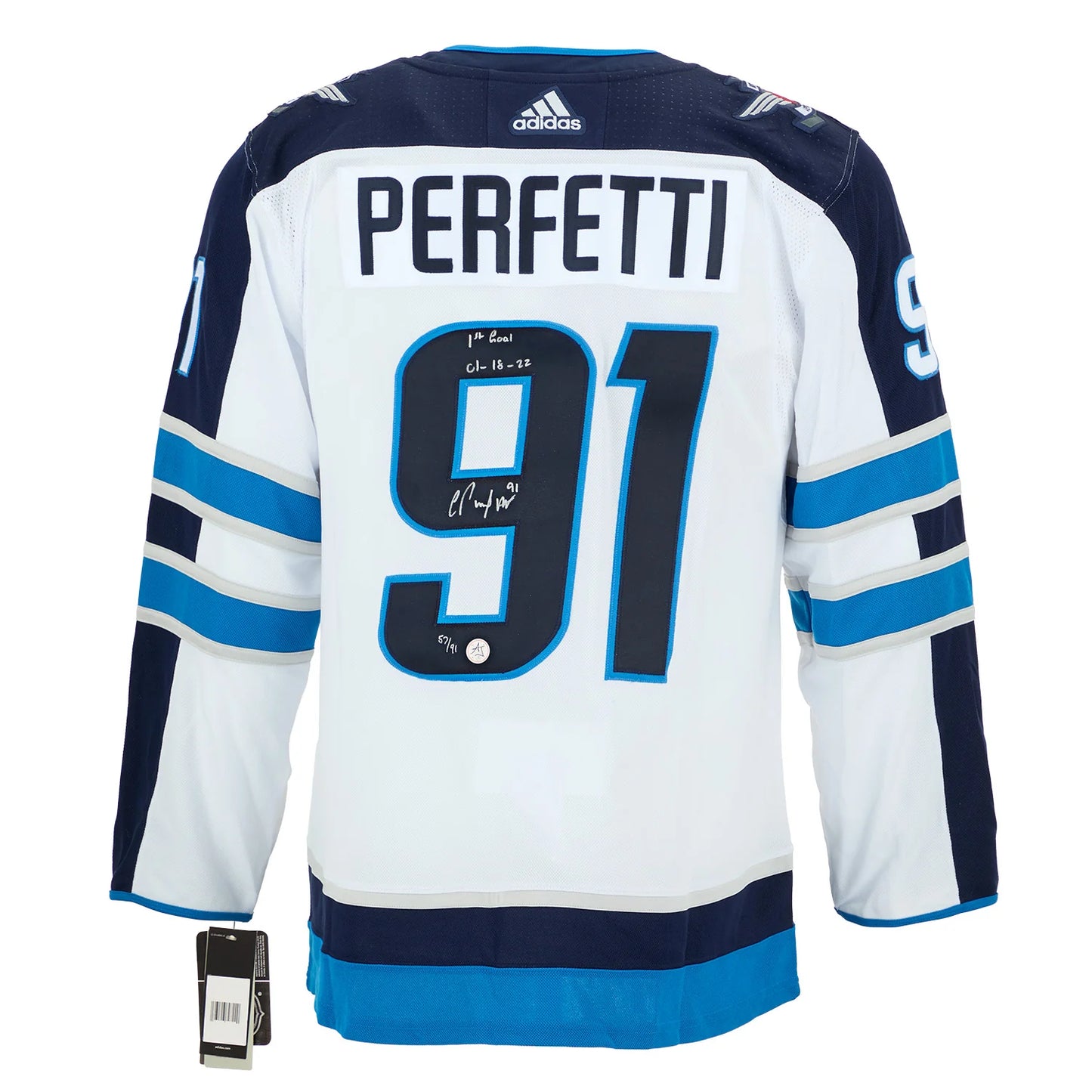 Cole Perfetti Winnipeg Jets Signed & Dated 1st Goal adidas Jersey #/91