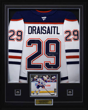 Leon Draisaitl Signed Jersey Framed 34x42 Edmonton Oilers White Fanatics Premium