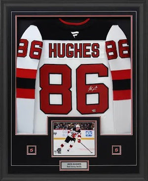 Jack Hughes Signed Jersey Framed 34x42 New Jersey Devils White Fanatics Premium