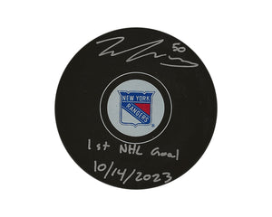 Will Cuylle Autographed New York Rangers Autograph Model Puck Inscribed "1st NHL Goal 10/14/2023"